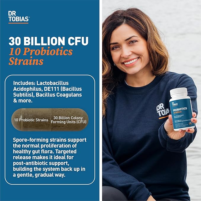 Dr. Tobias Probiotics 30 Billion, 10 Strains, 30 Billion CFU's, Targeted Release Probiotics for Women & Men, Supports Digestive Health, Shelf-Stable, Non-GMO, 90 Capsules, 90 Servings