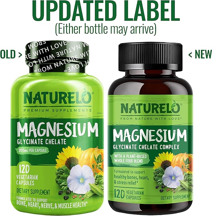 NATURELO Magnesium Glycinate Chelate Complex - 200 mg Magnesium with Organic Vegetables to Support Sleep, Calm, Muscle Cramp & Stress Relief - Gluten Free, Non GMO - 120 Capsules