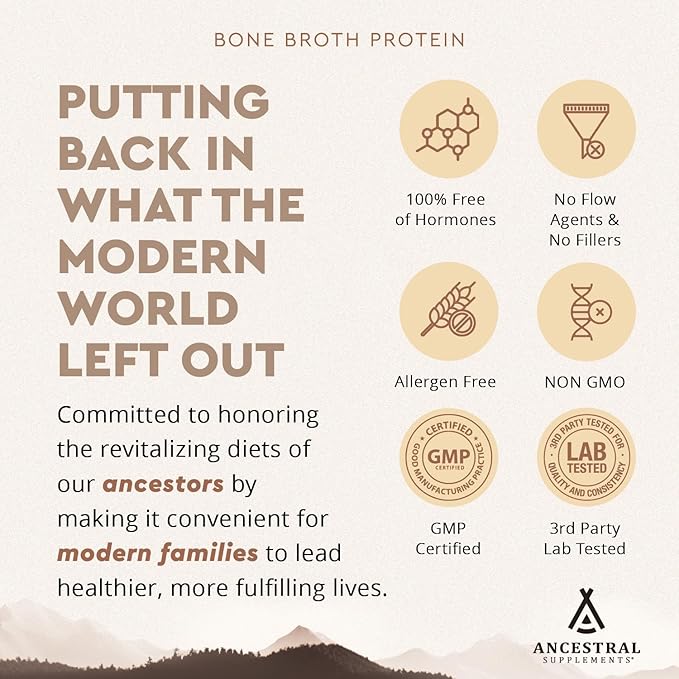 Ancestral Supplements Grass Fed Protein Powder, Vanilla, Beef Bone Broth Based with Beef Organs & Organic Mushrooms, Gut Health Support, High Protein Supplement, 20g Protein Per Serving, 30 Day Supply