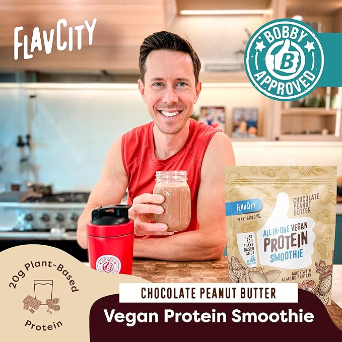 FlavCity All-in-One Vegan Protein Powder Smoothie, Chocolate Peanut Butter - Plant-Based Pre-Workout Meal Replacement Shake for Women & Men Made with 20g of Almond Protein - Gluten Free & Dairy-Free