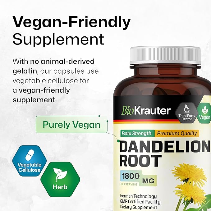 BIO KRAUTER Dandelion Root Capsules - 1800 mg Strength - 250 Count - Dandelion Root Supplement - Vegan Dandelion Powder Capsules for Digestion, Liver Support, Cleansing and Immunity