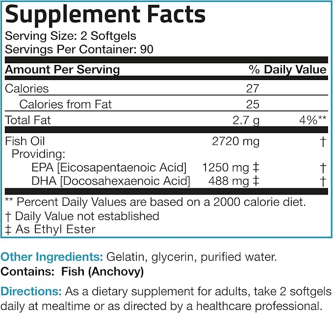 Bronson Omega 3 Fish Oil Triple Strength 2720 mg, High EPA 1250 mg DHA 488 mg, Non-GMO Heavy Metal Tested, 180 Softgels