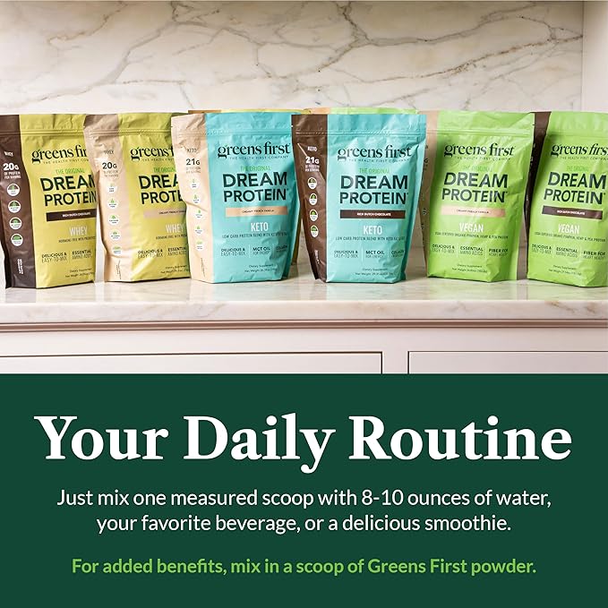 Greens First Dream Protein Powder Whey - 20g Protein Per Serving - Hormone-Free with Prebiotics - Non-GMO - No Artificial Sweeteners/MSG/Aspartame (Rich Dutch Chocolate, 28.04 oz)