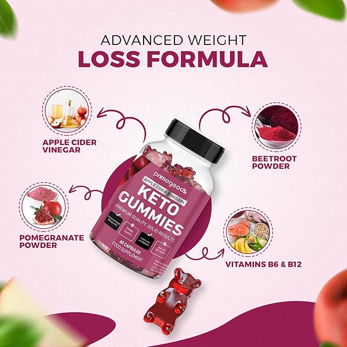 Keto ACV Gummies-Apple Cider Vinegar Gummies - Weight Loss & Keto, 60 Count. Energy Boost, Body Cleanse, Skin Health, Digestion, Vegan, Low Carb, Vitamins B6, B12, Pomegranate, Beet Root