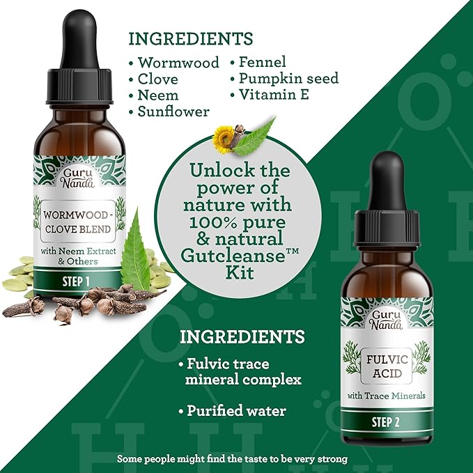 GuruNanda Gutcleanse 2-Step Kit - Dietary Supplement to Help with Digestion - Blend of Fulvic Acid, Wormwood, Clove & Neem Extract, 2x1 FlOz
