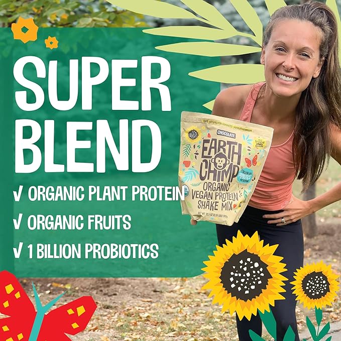 EarthChimp Organic Vegan Protein Powder - with Probiotics - Non GMO, Dairy Free, Non Whey, Plant Based Protein Powder for Women and Men, Gluten Free - 26 Servings 32 Oz (Vanilla) No Scoop