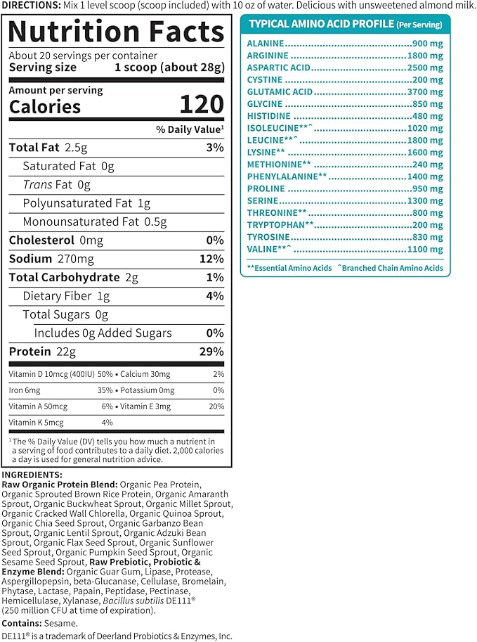 Organic Vegan Unflavored Protein Powder, Garden of Life 22g Plant Based Protein & BCAAs, Organic Protein Powder with Probiotics & Enzymes, Non-GMO, Gluten-Free Lactose Free 1.2 LB