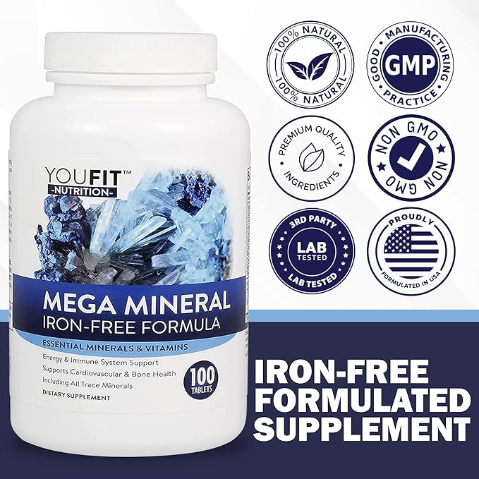 Mega Minerals Supplement by Youfit Nutrition | All 72 Trace Minerals | Premium Formula with Source of Minerals and Immune Health Support | Iron Free | All in One |1000mg Calcium 500mg Magnesium