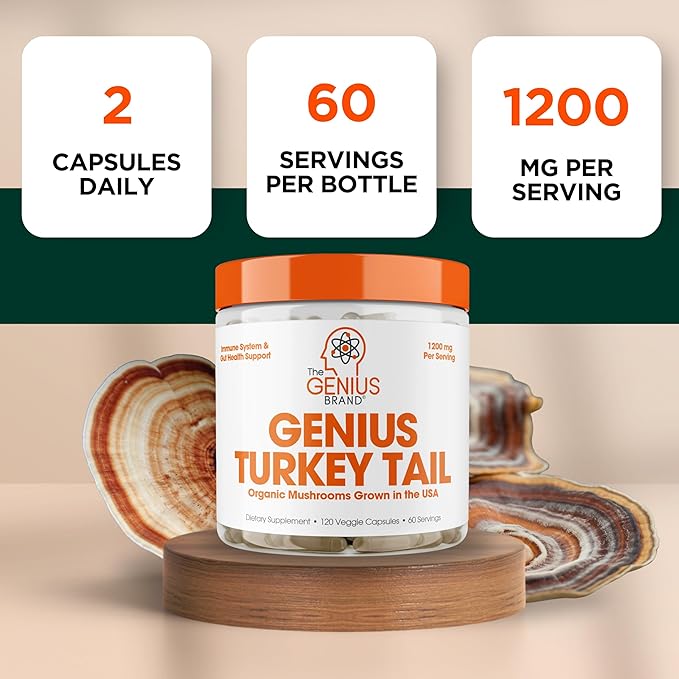 Genius Turkey Tail Mushroom Supplement – Immune & Gut Health Support Powerful Antioxidants & Prebiotics for Digestion & Wellness Organic, Pure, No Fillers 100 Capsules Natural Defense & Vitality Boost