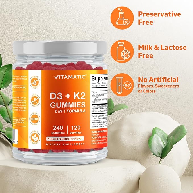 Vitamatic Vitamin D3 K2 with Calcium Gummies - 240 Count - Non-GMO, Gluten Free