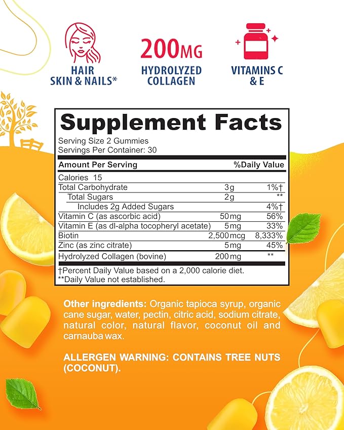 SUNNY SAM Biotin Collagen Gummies for Women & Girls - Low Sugar 60 Chewable Beauty Collagen Gummies for Enhanced Hair Skin and Nails - Biotin, Vitamin A, Zinc Supplement - Natural Lemon Flavor