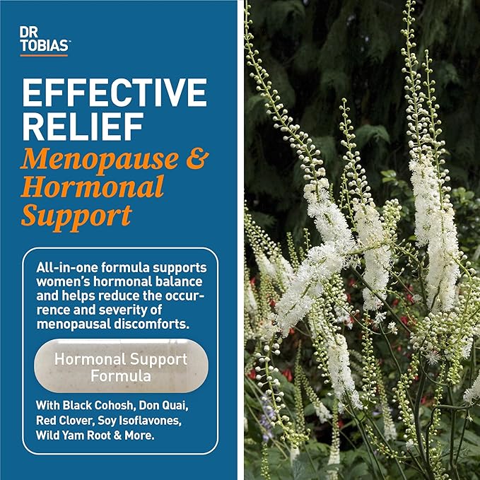Dr. Tobias Menopause Relief with Black Cohosh, Soy Isoflavones, Don Quai, Hot Flash & Night Sweats Relief for Women, Non-GMO Menopause Supplements for Women, 60 Capsules, 30 Servings