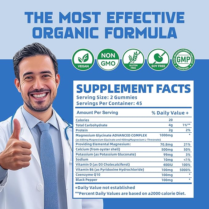 Magnesium Glycinate Gummies 1000mg with Magnesium L-Threonate,Chelated Magnesium Potassium Complex Supplement with VitD, B6, CoQ10, Calcium,Supports for Memory, Calm, Mood - 180 Gummies Blueberry