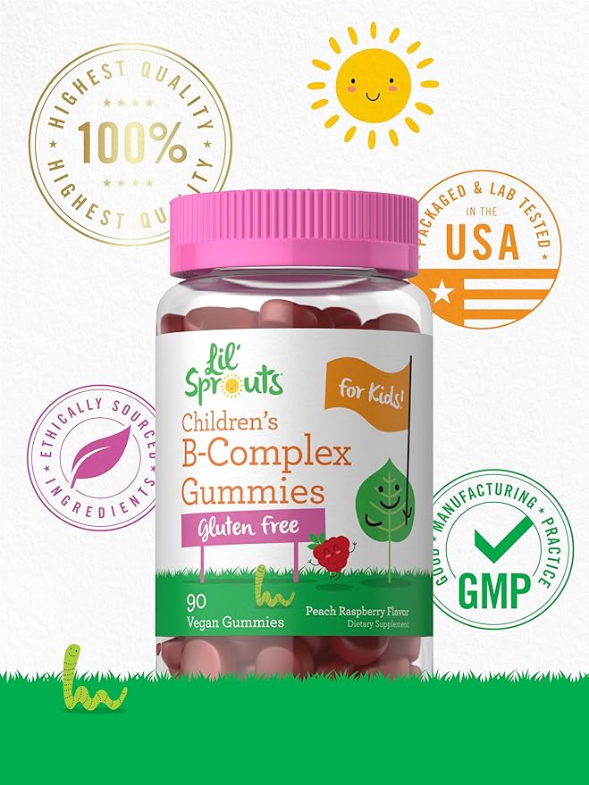Carlyle Kids B Complex Gummies | 90 Count | Peach Raspberry Flavor | Non-GMO, Gluten Free & Vegan Supplement | Lil' Sprouts