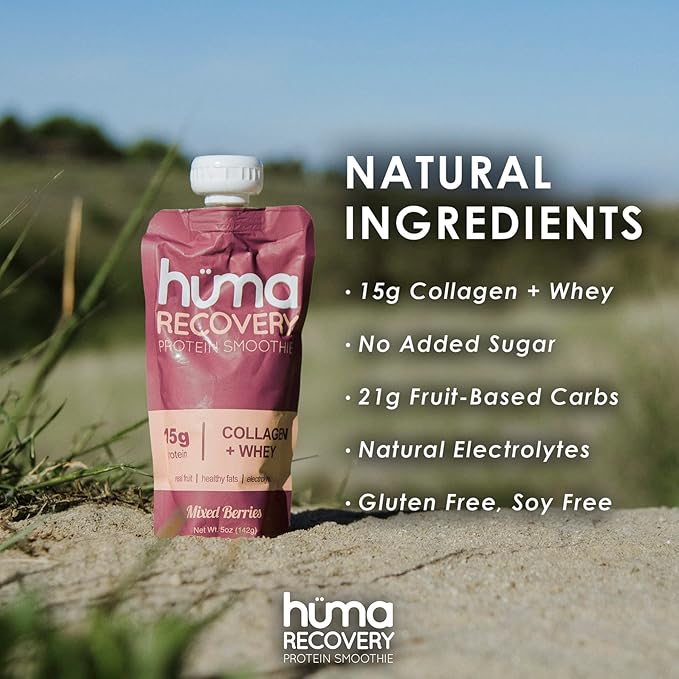 Huma Recovery Protein Smoothie, 12 Pouches – 15g Collagen + Whey Post Workout Recovery Drink – Ready-to-Drink Protein Shake with Real Fruit, Electrolytes, Healthy Fats