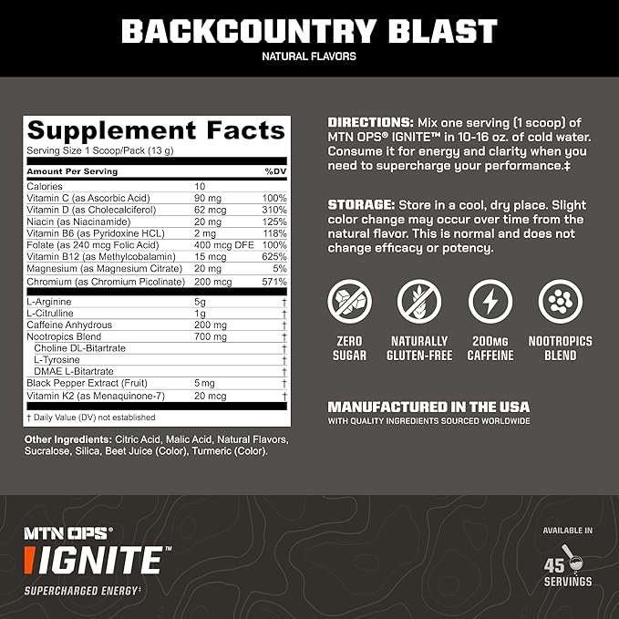 MTN OPS Ignite Energy Drink Powder | Gluten Free Nitric Oxide Supplement Drink Mix | L Arginine, L Citrulline, Caffeine & Nootropic Sugar Free Drink Mix | 45 Servings, Backcountry Blast