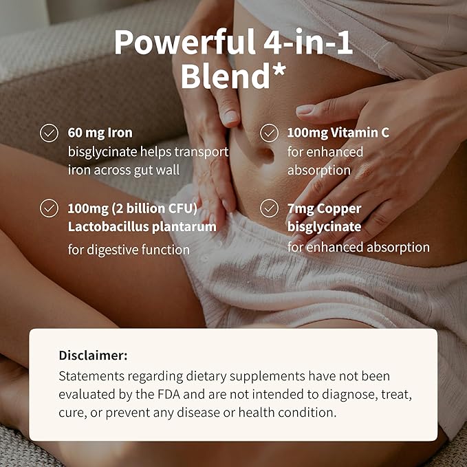 Nourished Natural Health ProbIron - Women's Probiotic + Iron Supplement Boosted with Vitamin C and Copper - Vegan Formula for Energy and Digestive Wellness - 30 Capsules