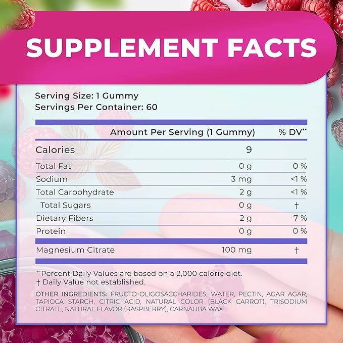 Sugar Free Magnesium Gummies - Calming Anti-Stress Gummies, Magnesium Supplement to Support Stress Relief, Sleep, Heart Health, Nerves, Muscles and Bones, Kids, Adults, Vegan, High Absorption, Non-GMO