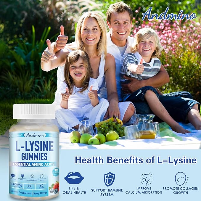 L-Lysine Gummies 1000 mg, with Trehalose, L Lysine Gummies for Lips & Oral Wellness, Immune Support & Collagen & Calcium, for Adults & Kids, Non-GMO, Vegan, Gluten Free, Berry Flavor, 60