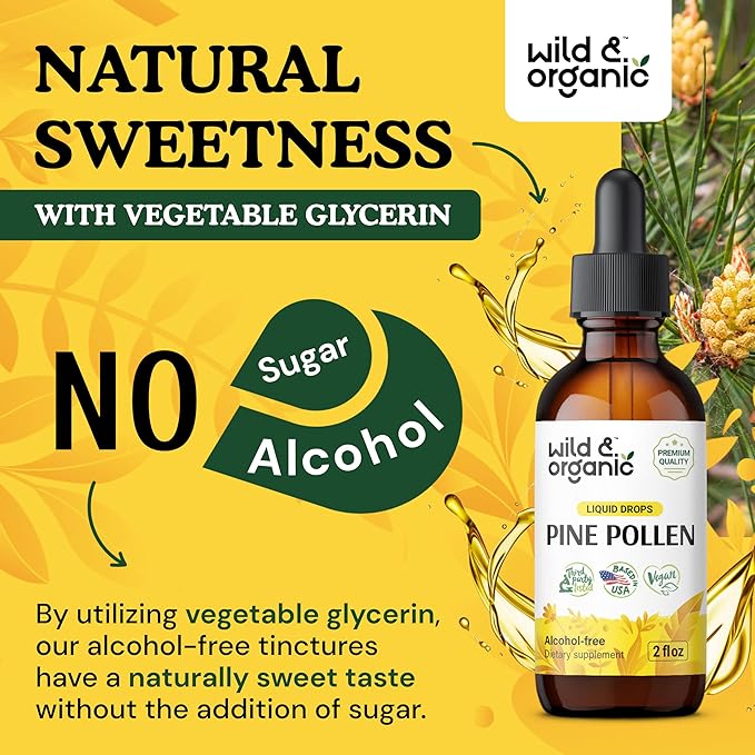 Wild & Organic Pine Pollen Tincture - Immune Support Supplement w/Pine Pollen - Liquid Drops w/Wildcrafted Scots Pine Pollen & Pinus Sylvestris - Antioxidants Supplement w/Pine Pollen Extract 2 oz