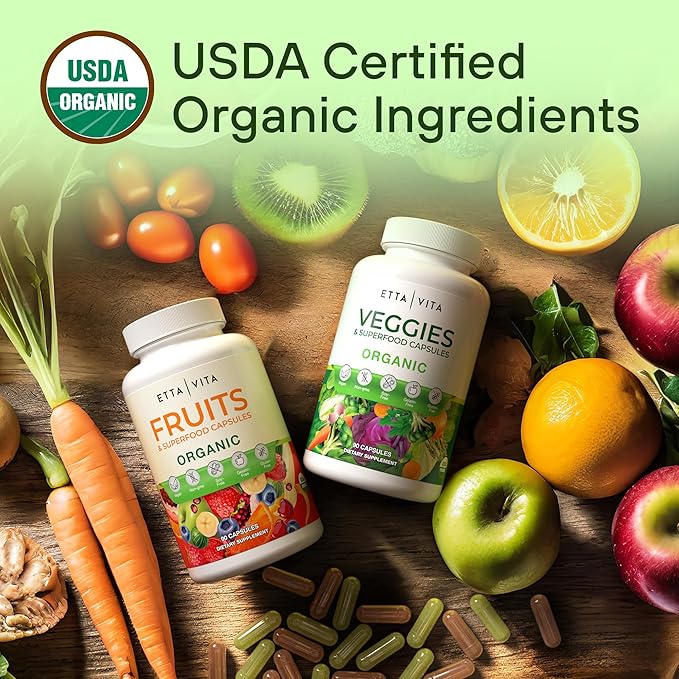 100% Organic Fruits and Veggies Supplement (USDA Organic - Made in USA) 180 Potent Fruits and Vegetable Capsules for Energy Boost & Daily Fruit and Vegetable Vitamins - Vegan, Non-GMO, Gluten-Free