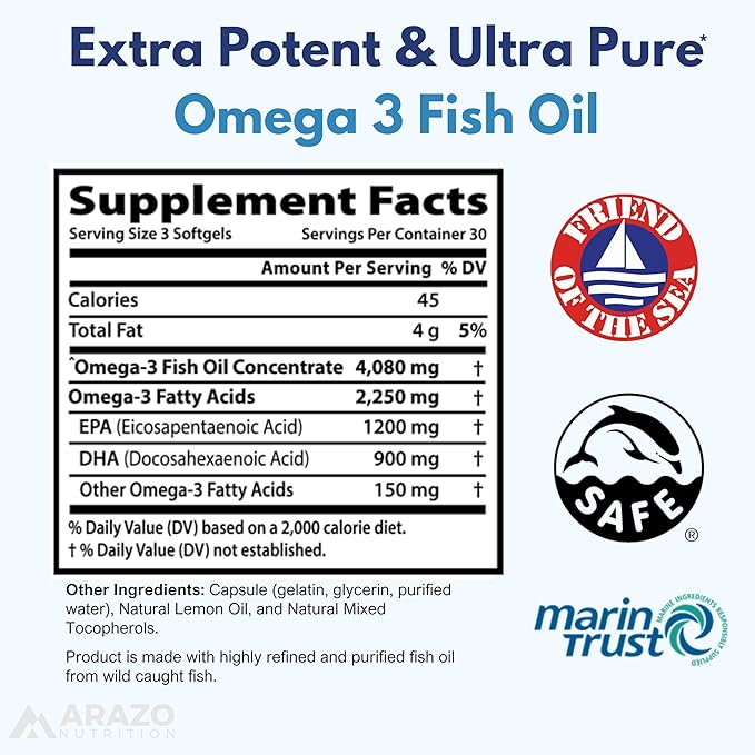 Arazo Nutrition Wild Caught Omega 3 Fish Oil – 90 Soft Gels – 4,080mg High EPA 1200mg DHA 900mg Lemon Flavor Burpless Softgels