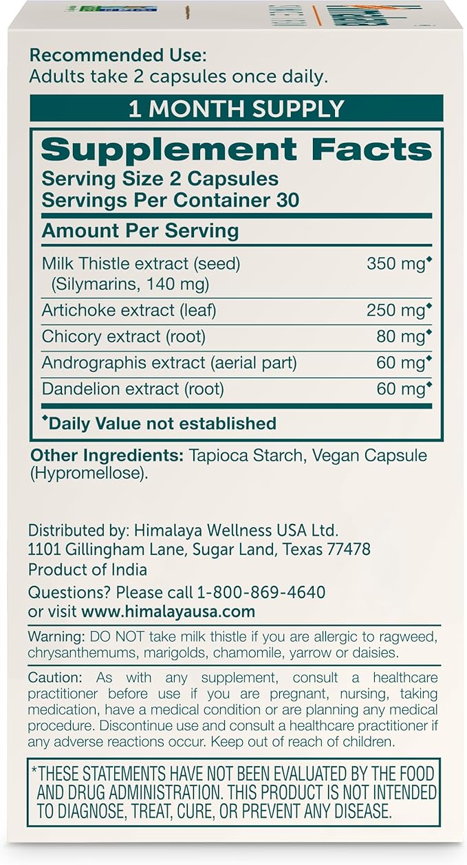 Himalaya Milk Thistle Liver Support Capsules, 60 Count, Silymarin Milk Thistle 350 mg, with Artichoke, Chicory, Andrographis & Dandelion, Supports Liver Function & Cleansing