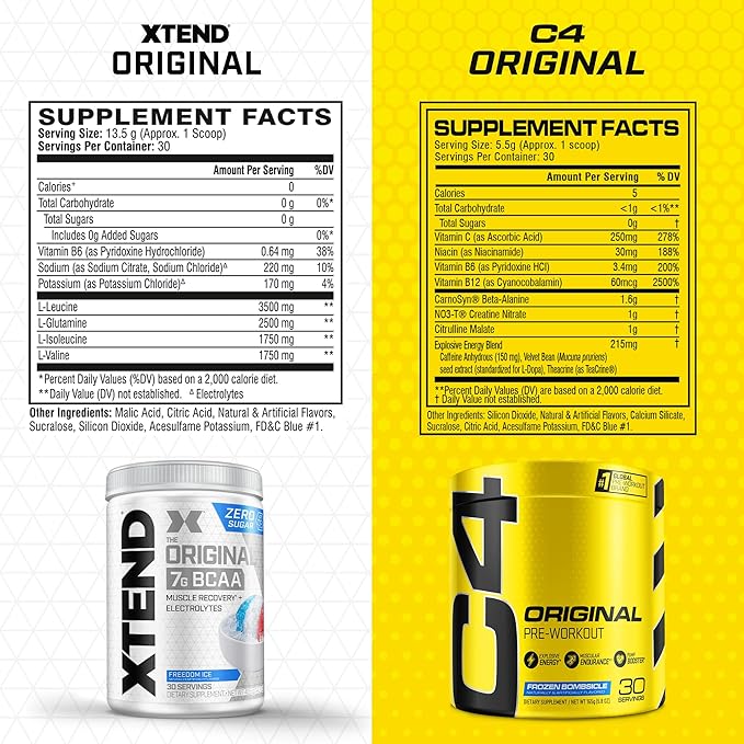 Cellucor Pre Workout & BCAA Bundle, C4 Original Pre Workout Powder, Frozen Bombsicle, 30 Servings + XTEND BCAA Powder, Freedom Ice, 30 Servings
