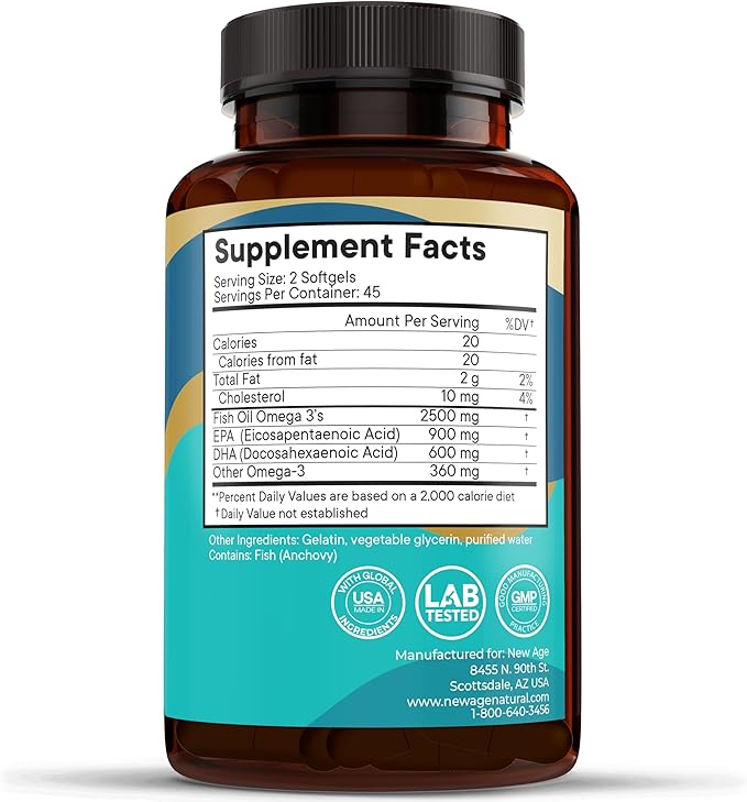 NEW AGE Omega 3 Fish Oil 2500mg Supplement Non GMO - EPA, DHA Fatty Acids Gluten Free (180 Softgels (Pack of 2))