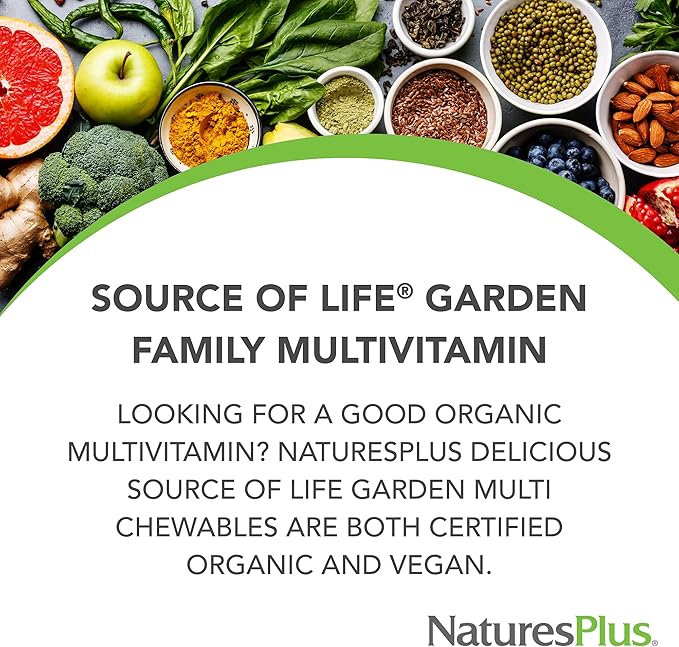 Natures Plus Source of Life Garden Certified Organic Family Chewable Multivitamin - 60 Vegan Chewables - Mixed Berry Flavor - for Adults & Children - Vegetarian, Gluten-Free - 30-60 Servings