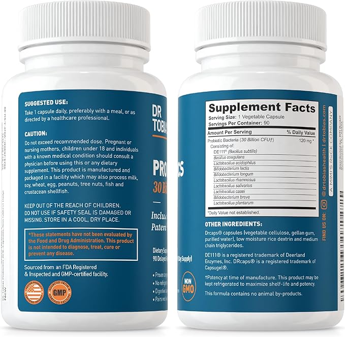 Dr. Tobias Probiotics 30 Billion, 10 Strains, 30 Billion CFU's, Targeted Release Probiotics for Women & Men, Supports Digestive Health, Shelf-Stable, Non-GMO, 90 Capsules, 90 Servings