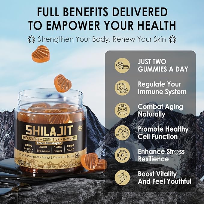Men's & Women's Organic Shilajit Gummies Sugar Free, Extra Strength 11-in-1 with Ashwagandha, CoQ10, L-Tyrosine, VB6, Pure & Natural from Himalayan, for Immune, Energy - 60 Count (Pack of 1)