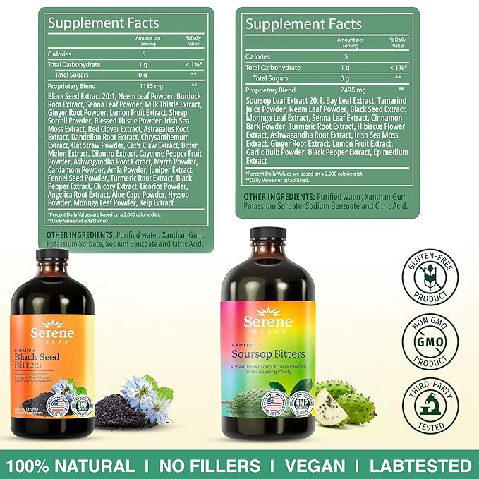 Soursop & Black Seed Bitters Bundle – Organic Herbal Detox for Digestive Support & Immune Health by Serene Herbs – Non-GMO, 32 oz (16 oz Each), 64 Servings