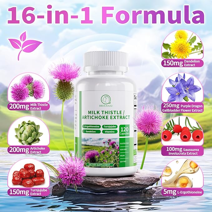 Milk Thistle Supplement, Liver Cleanse Detox & Repair Formula, 16-in-1 Herbal Liver Support Pill with Artichoke, L-Ergothioneine, Turnjujube Dandelion Extract for Liver & Antioxidant 120 Capsules