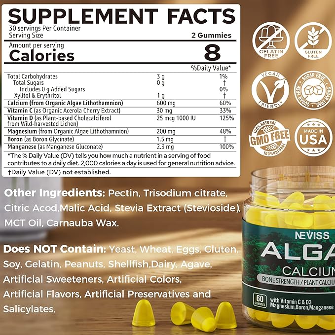 (2 Pack) Algae Calcium Gummies 600mg with Vitamin D3, C, Magnesium, Boron, Manganese, Plant-Based Calcium Supplement for Bone Health & Strength, Minerals Complex, Gentle Digestion, Sugar Free, Vegan