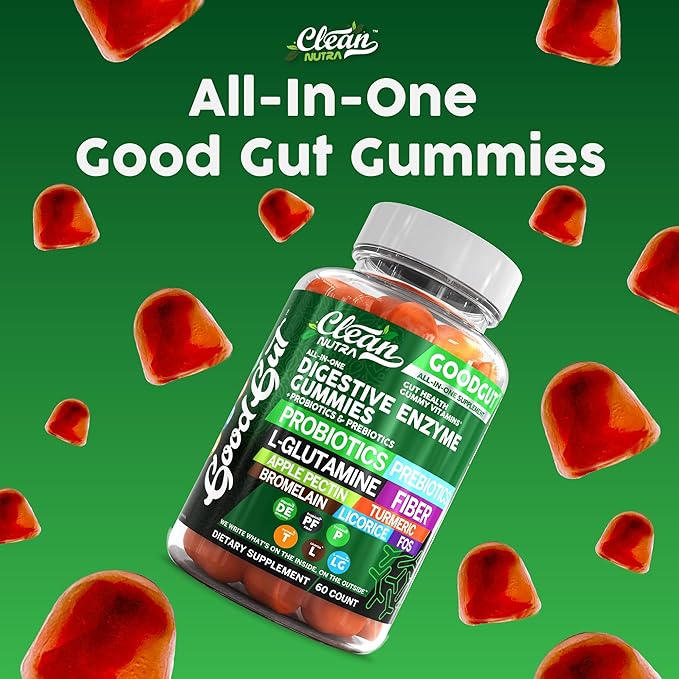 Clean Nutraceuticals Digestive Enzymes with Probiotics & Prebiotics for Digestive Health Gummies & L-Glutamine for Gut Health Bromelain Apple Pectin Inulin FOS Plant Based Vegan Gummy Vitamins