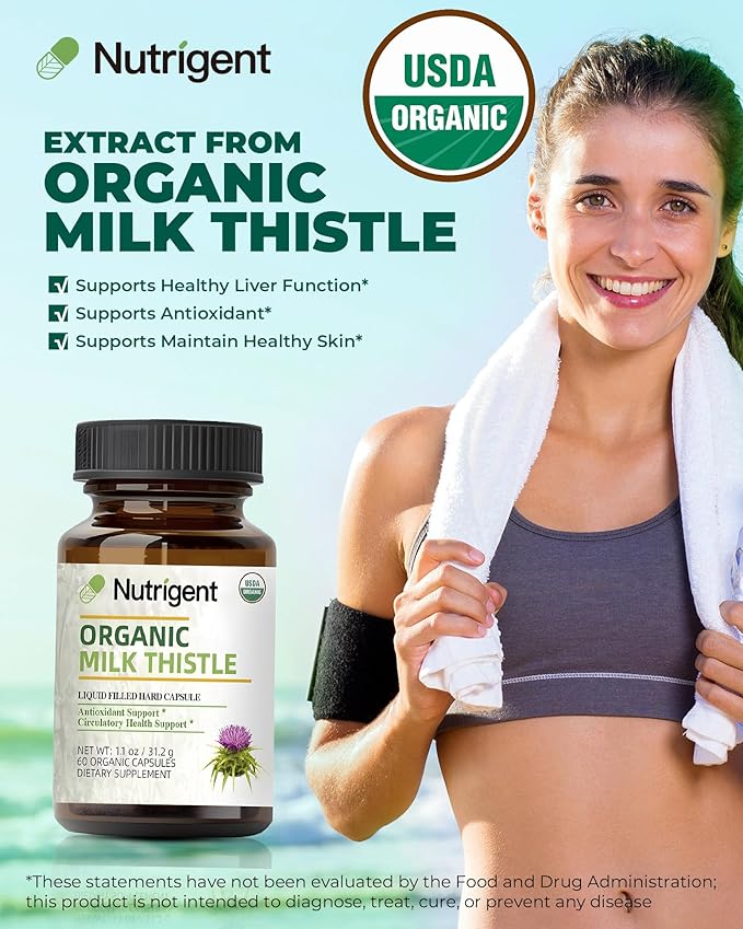 USDA Organic Milk Thistle Supplement 25:1 Extract, 8750 mg Strength, Silymarin Supplement 280 mg, Liquid Organic Capsules, Liver Health & Detox Support, Non-GMO, 60 Count