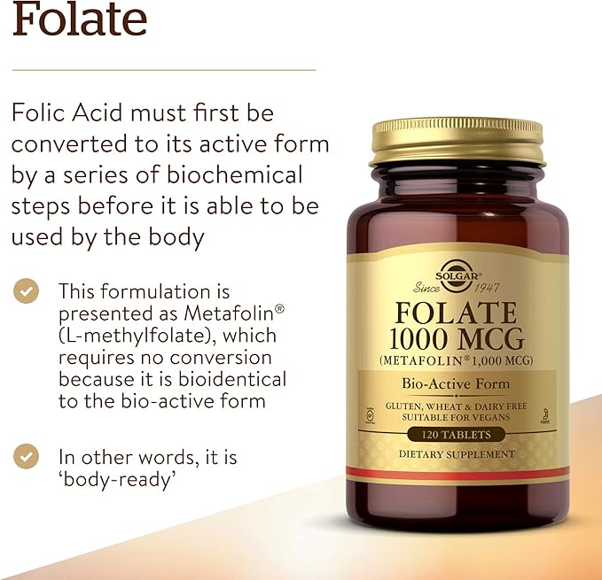 Solgar Folate 1000 mcg, 120 Tablets - 1000 mcg Bio-active Metafolin - Heart Health - Vegan, Gluten Free, Dairy Free, Kosher - 120 Servings