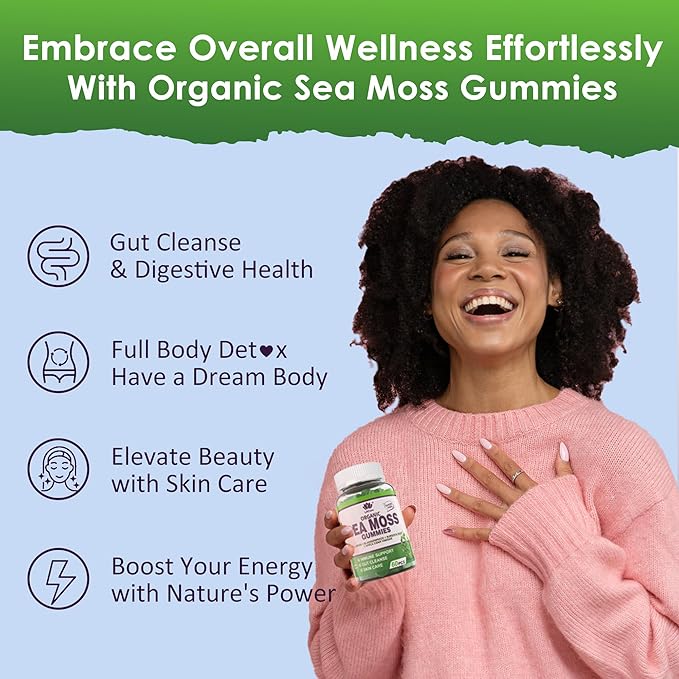 Sea Moss Gummies- Immune & Thyr0id Support, Organic Irish Sea Moss Supplement for Adults & Kids w/Burdock Root, Bladderwrack, Apple Cider Vinegar - Gut, Skin Health, Sugar Free, Vegan, 60Cts