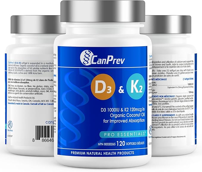 CanPrev D3 & K2 Vitamins 120 Softgels, 120-Day Supply, 1000IU Vitamin D3 & 120mcg K2, Supports Strong Bones, Teeth & Heart Wellness, Easy-to-Absorb with Organic Coconut Oil, No GMO, Gluten, Soy, Dairy