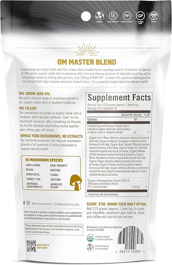 Om Mushroom Master Blend, Organic 10 Mushroom Complex & Adaptogens Powder, Reishi & Lions Mane - 3.17 oz