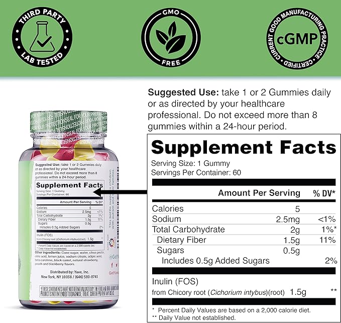 Yuve Prebiotic Fiber Gummies - Delicious - 3g Soluble Fiber Supplement - Supports Digestive Health & Regularity - Vegan & Gluten-Free Fiber Gummies for Adults & Kids - Non-GMO & Low Sugar - 60 Count
