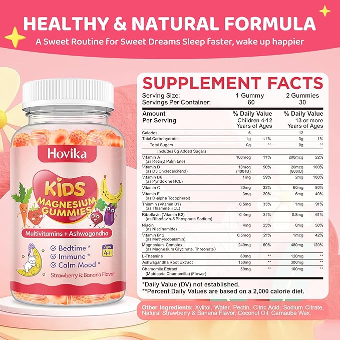 Kids Magnesium Gummies - Magnesium Glycinate & L-Threonate Supplement with L-Theanine, Chamomile & Multivitamins for Sleep, Calm & Focus - Strawberry Banana Center-Filled Gummies 60 ct