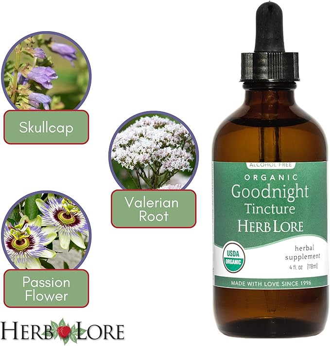 Herb Lore Organic Goodnight Tincture - Liquid Sleep Aid Drops with Valerian Root & Passion Flower Extract for Adults & Kids - Melatonin Free Herbal Sleep Supplement - 4 fl oz