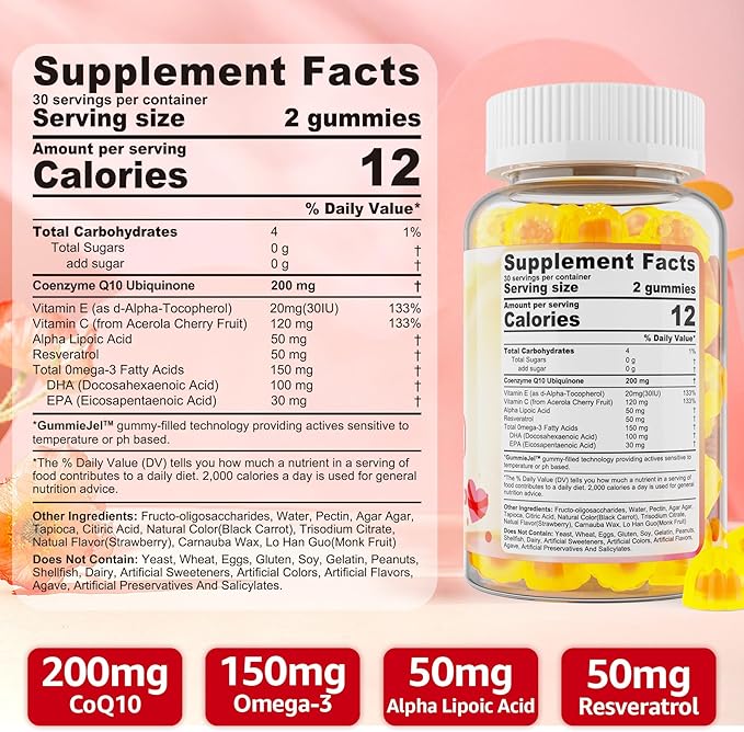 Sugar Free CoQ10 200mg Filled Gummies, 5X Better Absorption CoQ10 w/Resveratrol, Alpha Lipoic Acid, Omega-3, Vitamin E, C, Coenzyme Q10 for Cellular Energy, Heart, Brain, and Antioxidant (1Pack)
