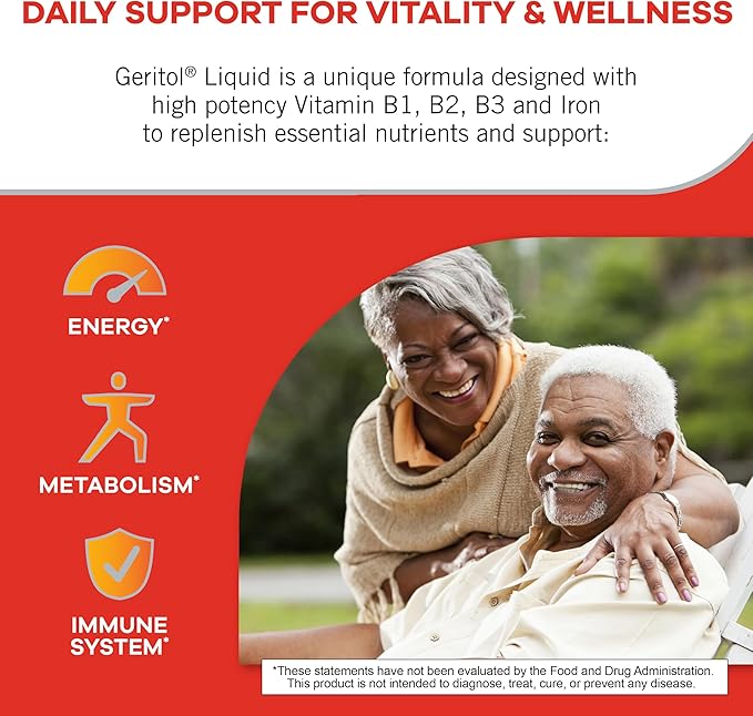 Geritol Liquid Vitamin and Iron Supplement, Energy Support, Contains High Potency B-Vitamins and Iron, Pleasant Tasting, Easy to Swallow, No Artificial Sweeteners, Non-GMO, 12 Oz, 2 Pack