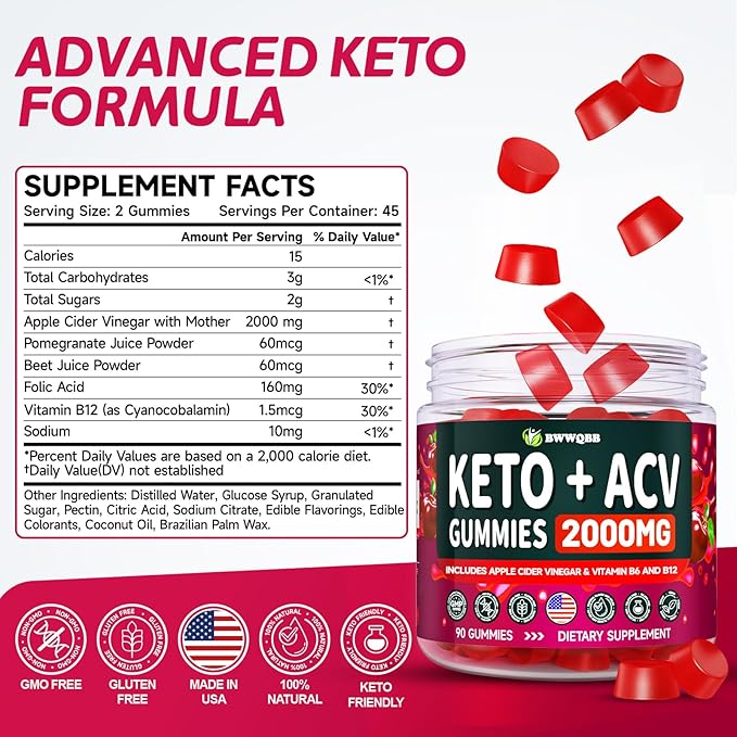 2 Pack Keto ACV Gummies Advanced Formula 2000mg, 180 Vegan Gelatin-Free Advanced Keto Acv Gummies with Pomegranate & Beetroot, Natural Ingredients, Alternative to Keto Drops