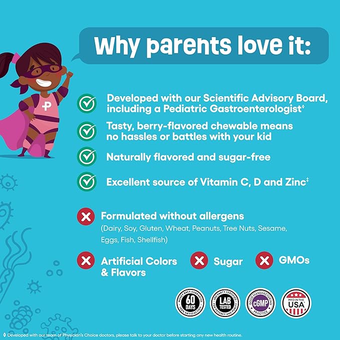 Physician's CHOICE Probiotics for Kids - 7 Diverse Strains, Organic Prebiotics, Vitamins & Minerals - Clinically Studied L. Rhamnosus GG - Immune & Digestive Support - No Sugar or Artificial Dyes