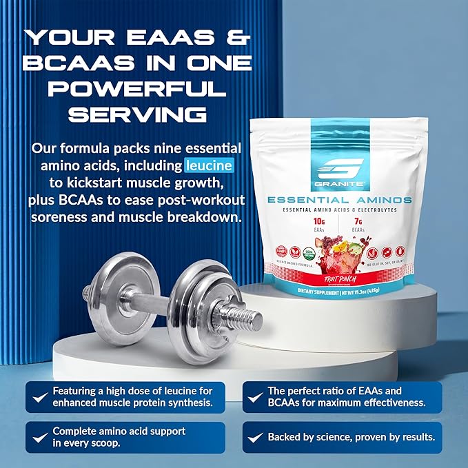 Granite Essential Amino Acids Powder for Muscle Recovery and Growth with 10g EAAs and 7g BCAAs - Soy-Free, Gluten-Free, 448g (30 Servings), Fruit Punch Flavor