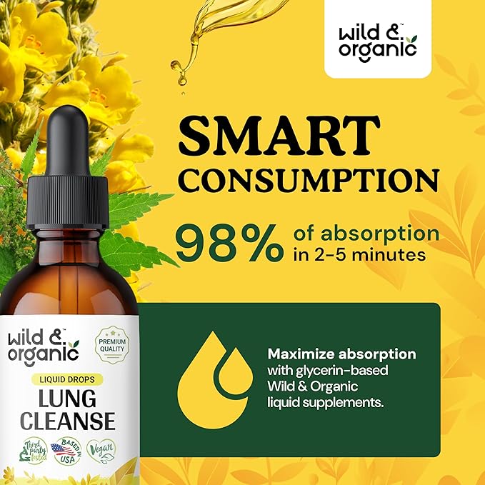 Wild & Organic Lung Cleanse Tincture - Mullein Leaf Extract for Lungs - Herbal Lung Detox Drops - Lung Health Supplements - Vegan, Alcohol Free Drops - 2 fl oz